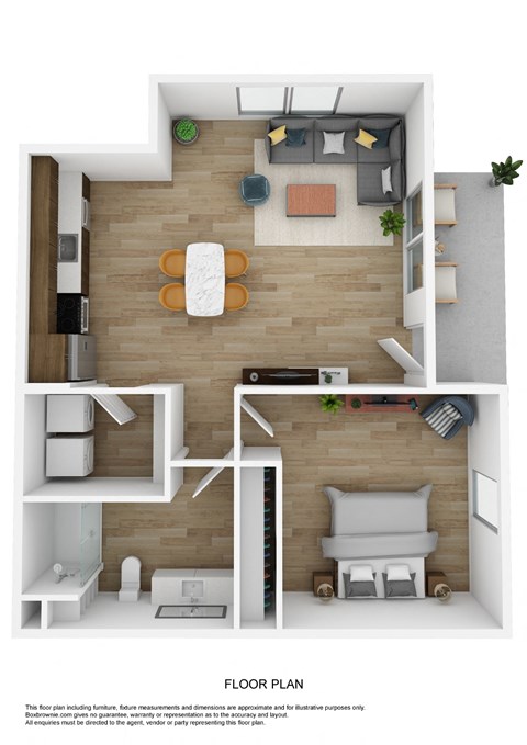 a stylized floor plan with a bedroom and a living room
